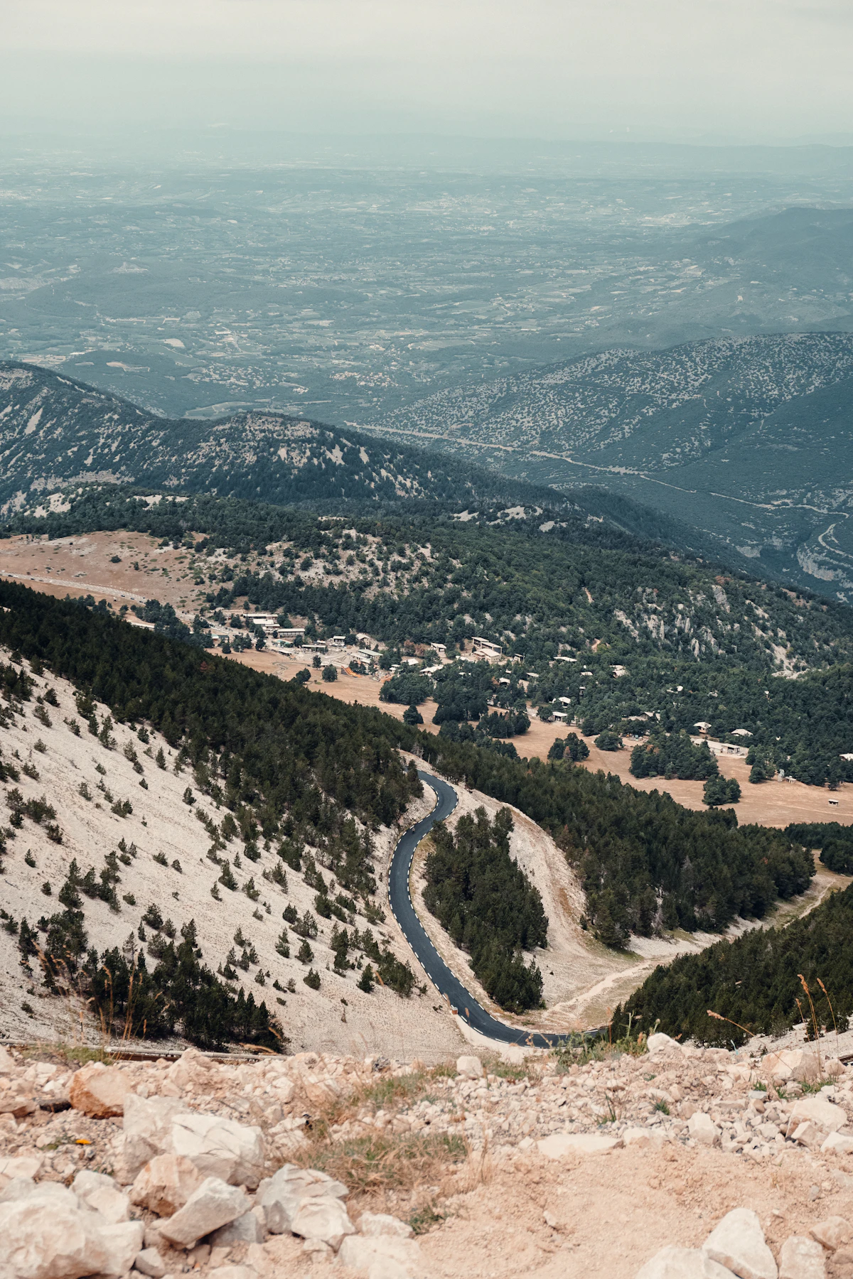 Looking down from high on Mont Ventoux over scree and pines, with a road winding to the buildings below