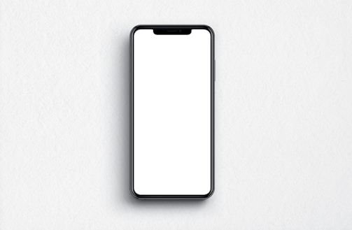 A smartphone with a blank white screen is centered on a light, textured background. The phone has a thin black frame and a front-facing camera cutout at the top.