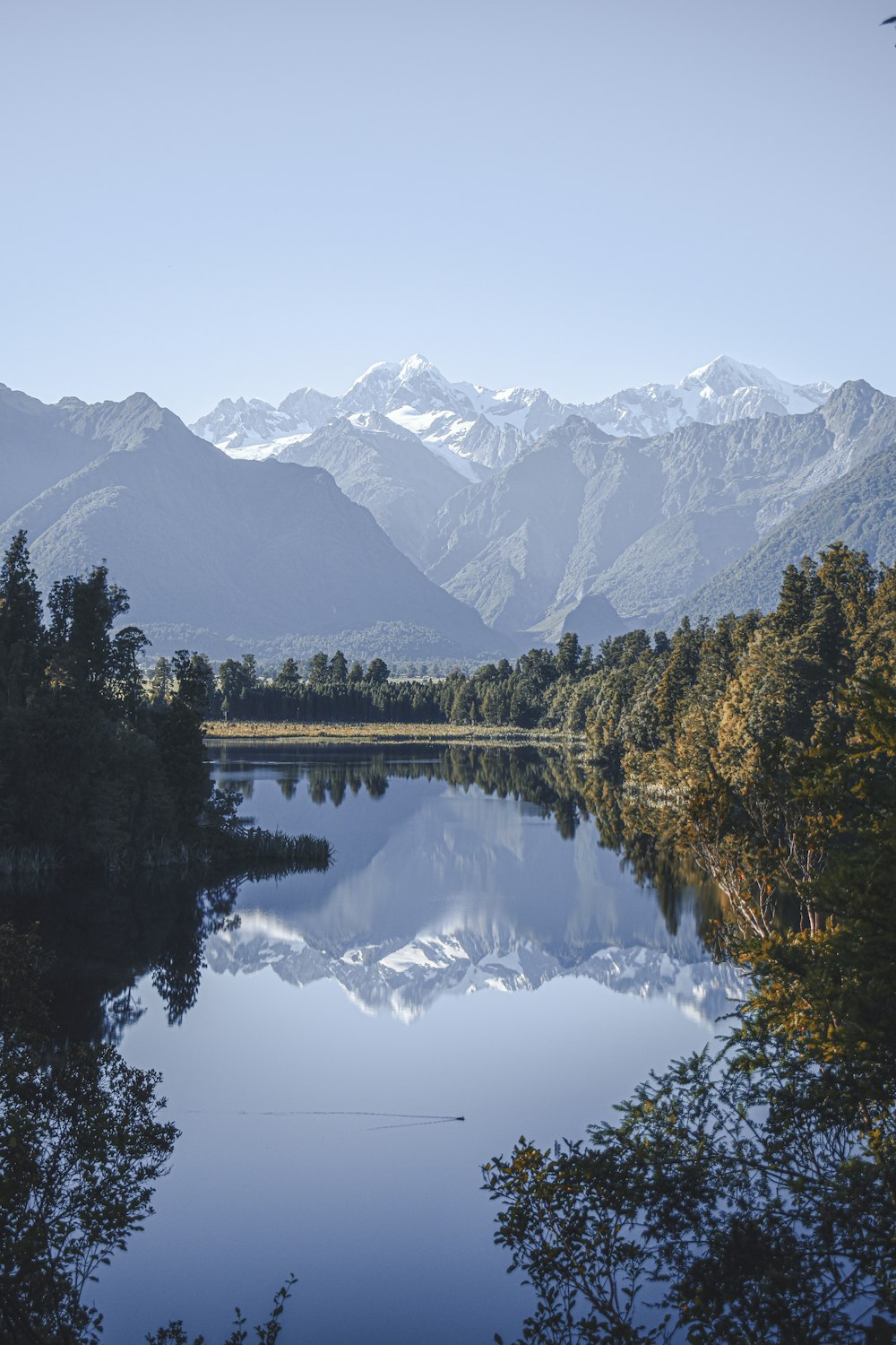 green trees near lake and snow covered mountains during daytime