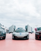 Three luxury cars are parked side by side in an open area with overcast skies above. The central car, a sleek sports car, has its doors open upwards, revealing its futuristic design. On either side, a large SUV and another car with a muscular build complete the lineup.