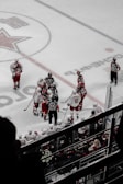 A group of hockey players in red and white uniforms gather near the center of an ice rink. Several referees in black and white striped jerseys are present among the players. Spectators can be seen seated in the stands, watching the game from behind a glass barrier. The ice surface is marked with lines and a large star logo.