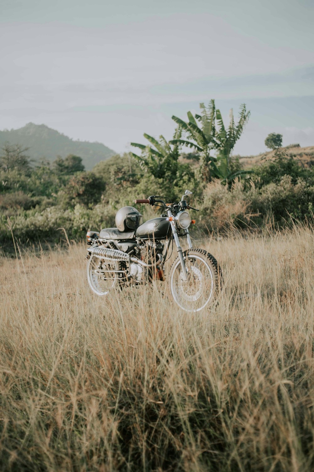 white and black cruiser motorcycle on brown grass field during daytime