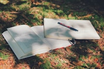 Soft sunlight filtering through leaves onto a closed book and a pen resting on a journal.