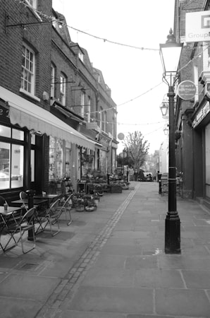 A narrow cobblestone alleyway flanked by traditional brick buildings. Small tables and chairs are set outside a caf&eacute;, suggesting a quaint, inviting atmosphere. Potted plants and hanging lights line the alley, adding a touch of greenery and charm. The scene appears serene and picturesque.