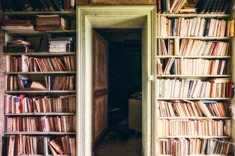 brown wooden book shelf with books