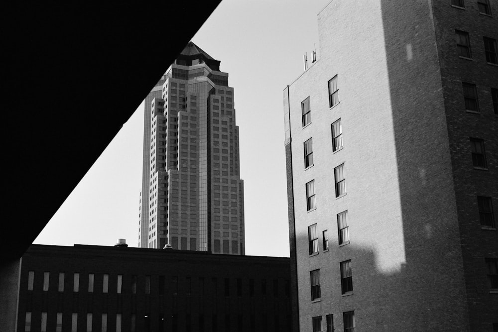 grayscale photo of high rise buildings