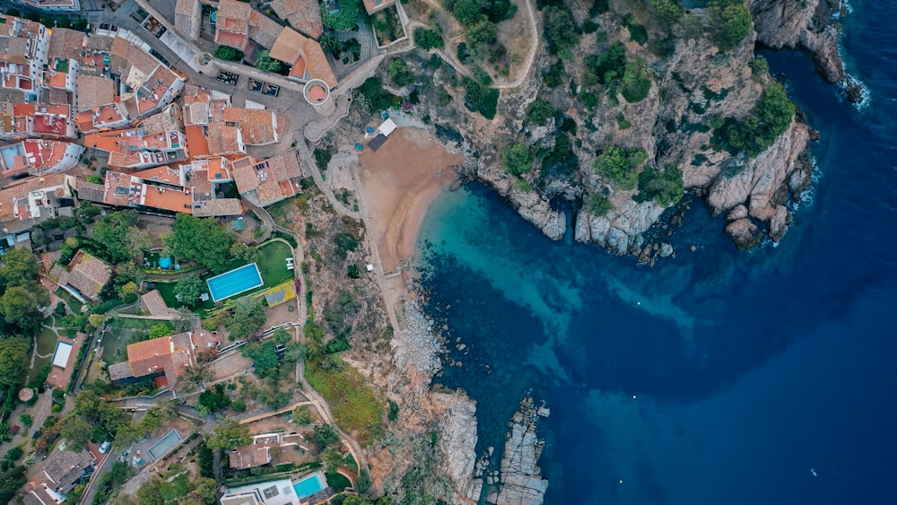 aerial view of city buildings near body of water during daytime