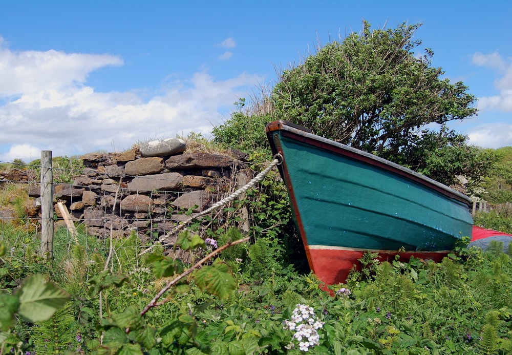 blue and brown boat on green grass field during daytime