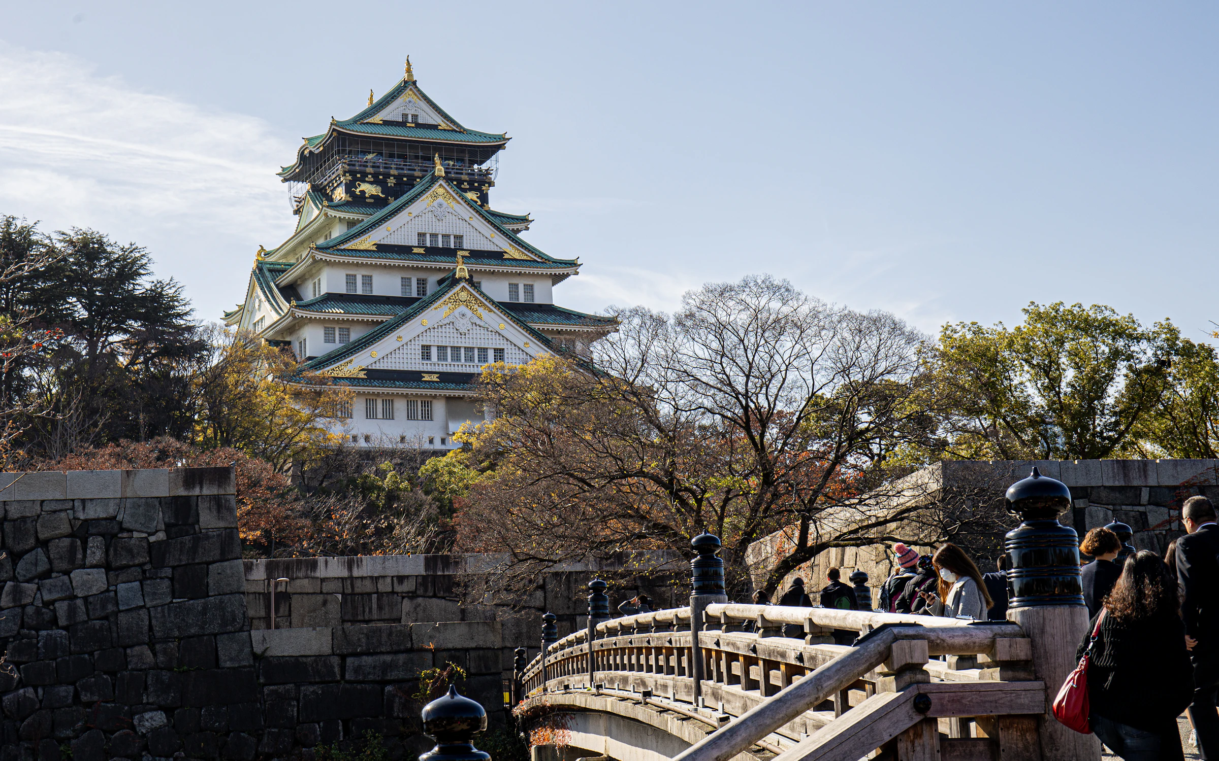 Osaka Castle in full view above the trees