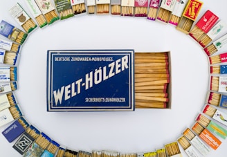 a box of matchbox sitting on top of a pile of matches