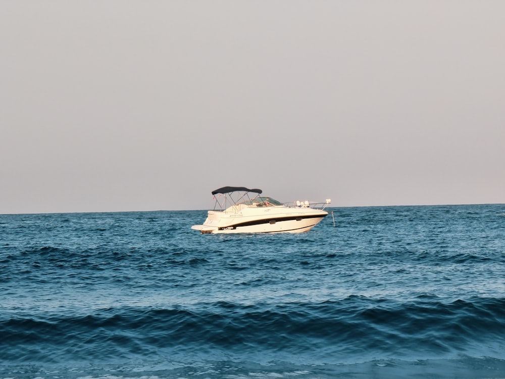 昼間の海上に浮かぶ白と黒のモーターボート