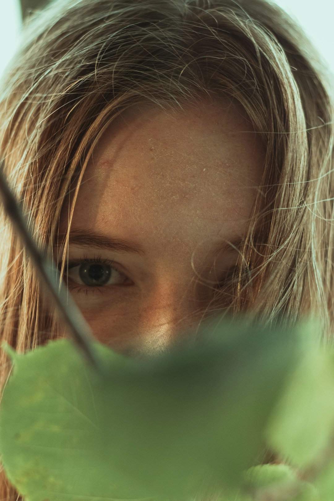 girls face in green leaf