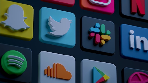 A collection of colorful app icons arranged in a grid pattern, including logos for various social media and digital platforms.