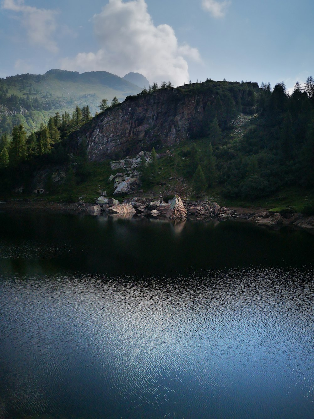 lake near green trees and mountain under white clouds during daytime