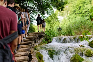 People walking on wooden stairs beside a waterfall