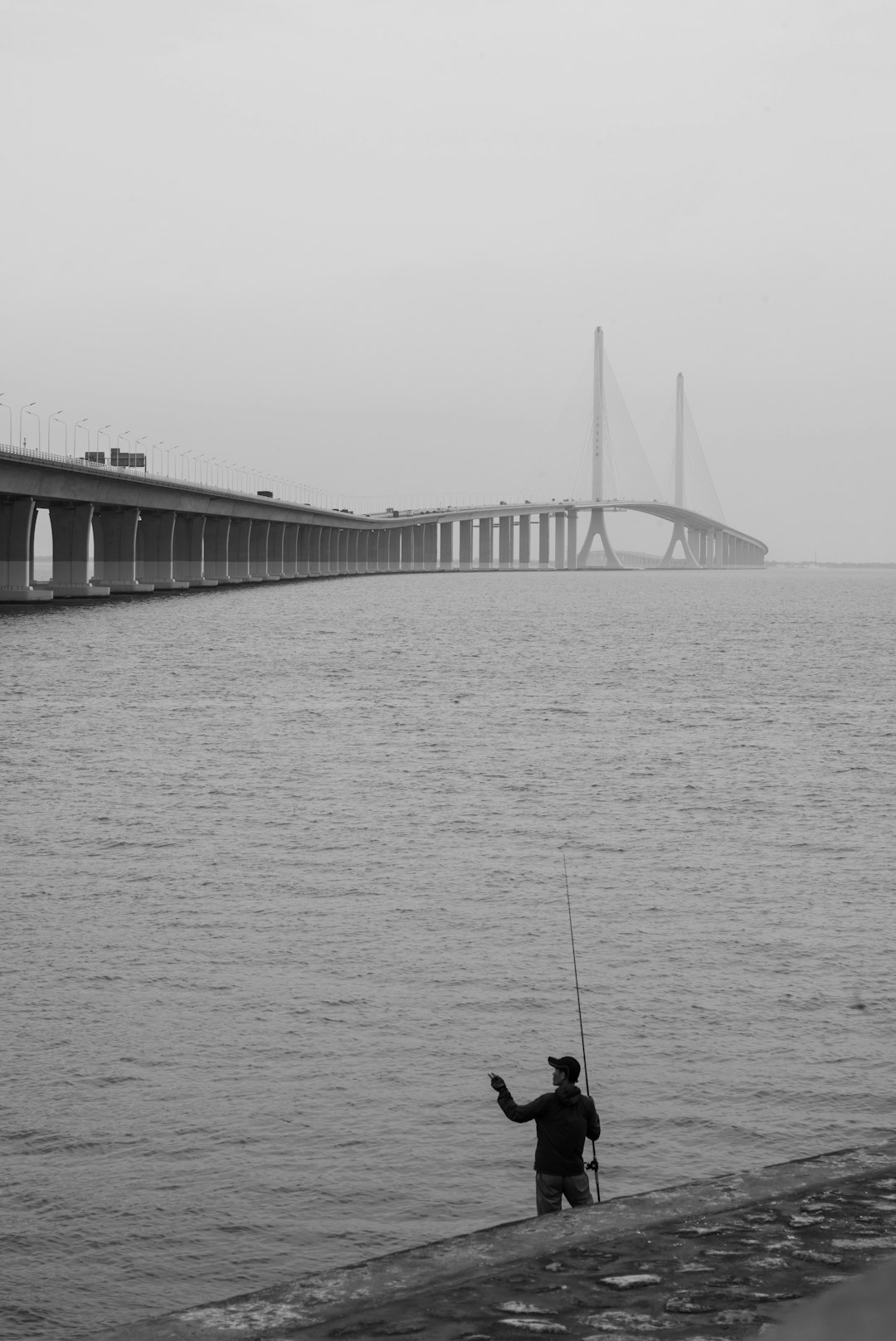 man fishing on sea under bridge during daytime