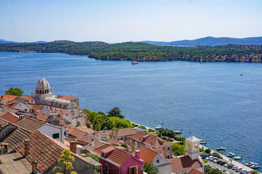 The cathedral and stone rooftops of Sibenik above the Adriatic