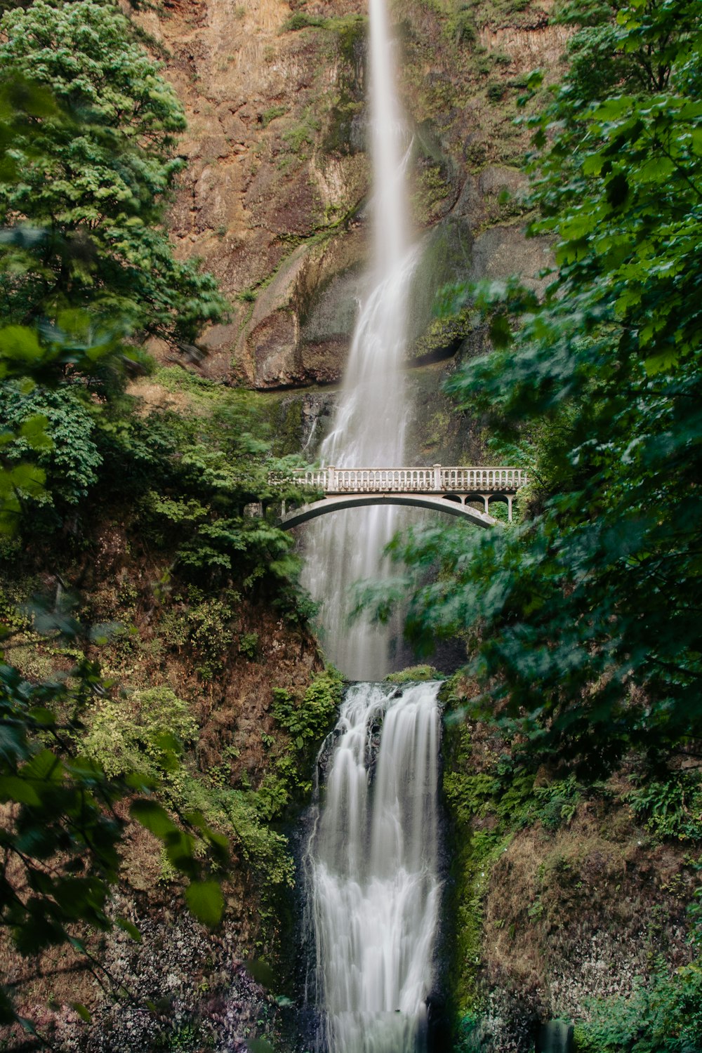 waterfalls on brown wooden bridge