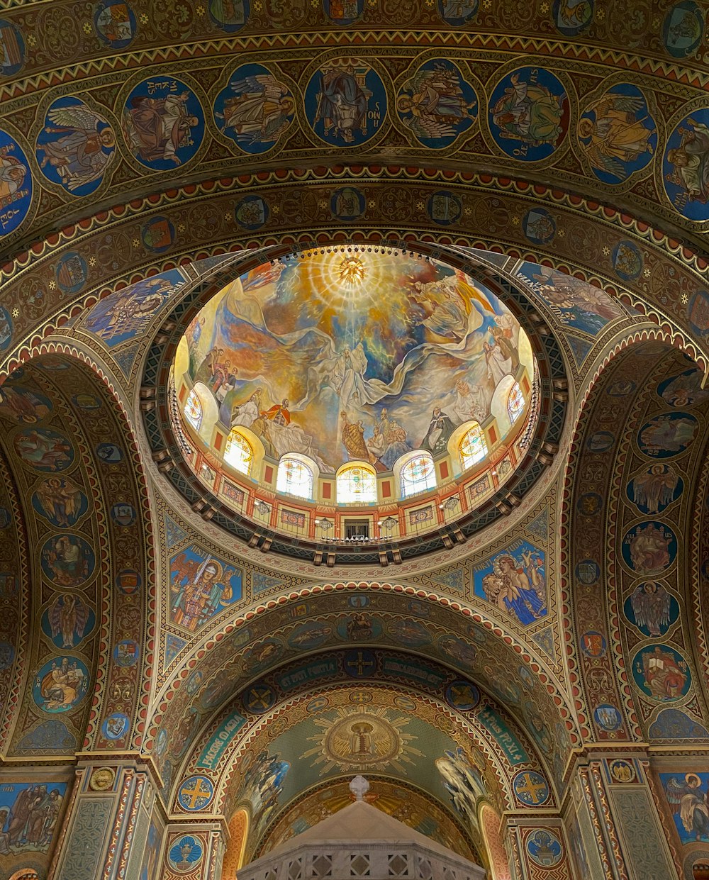 brown and blue floral ceiling