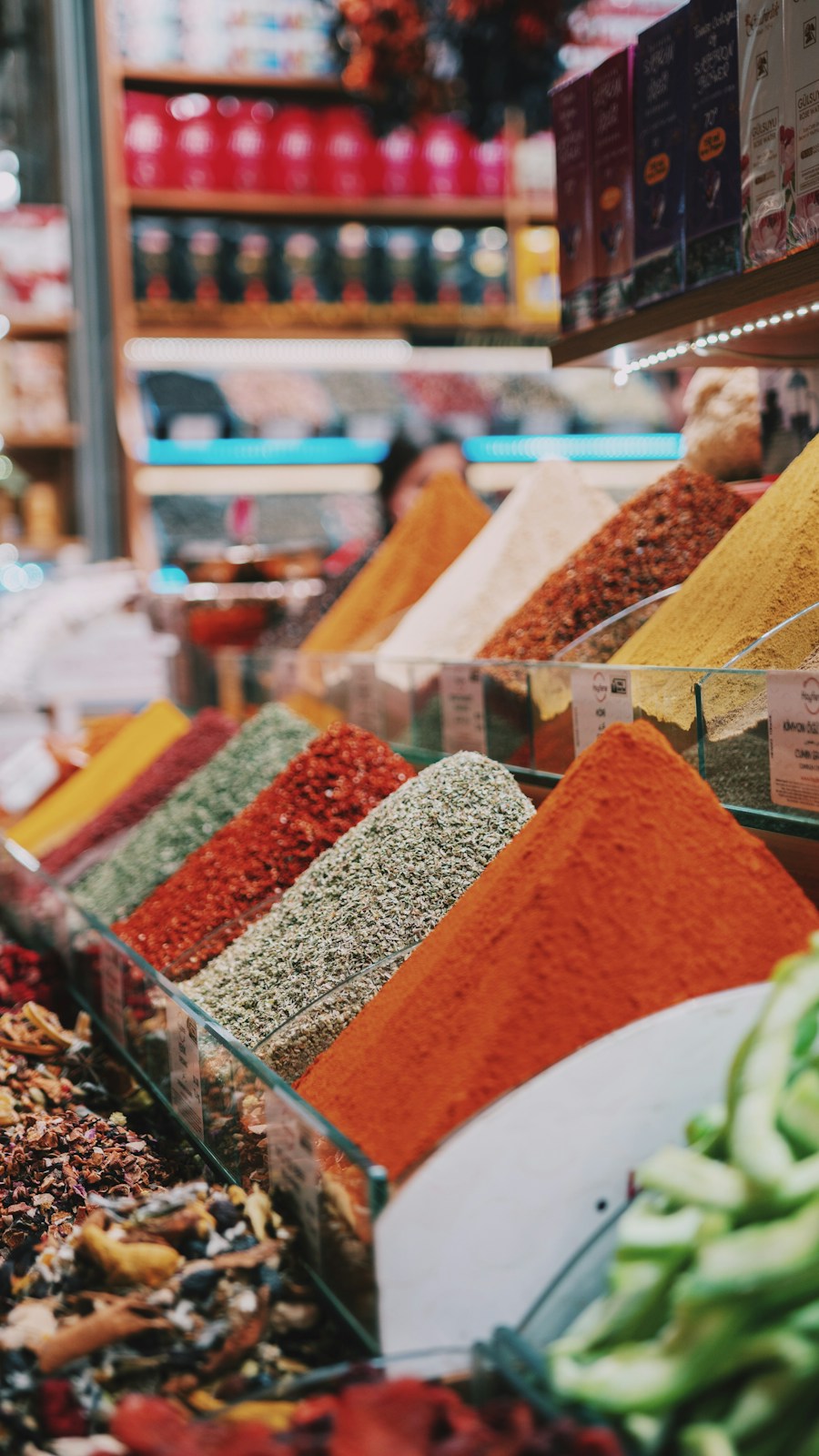 Ethnic grocery store spice shelves