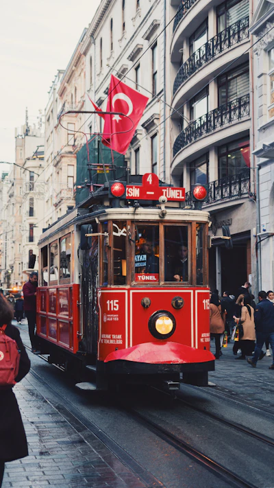 The nostalgic red tram running down Istiklal Caddesi, Istanbul