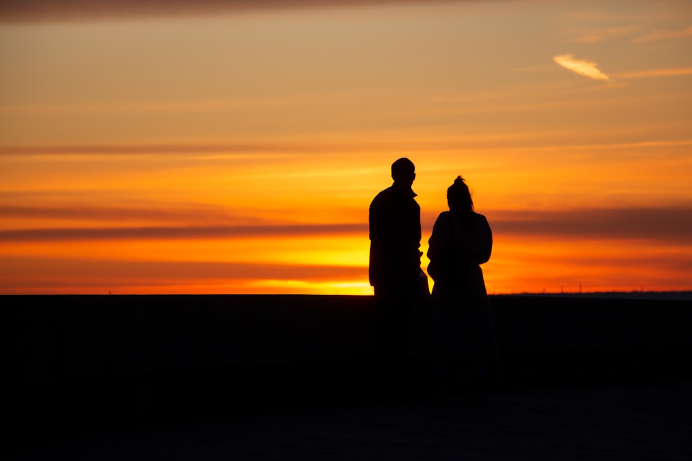 silhouette of 2 person standing during sunset
