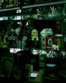 A display case filled with diverse collectibles illuminated by soft lighting.