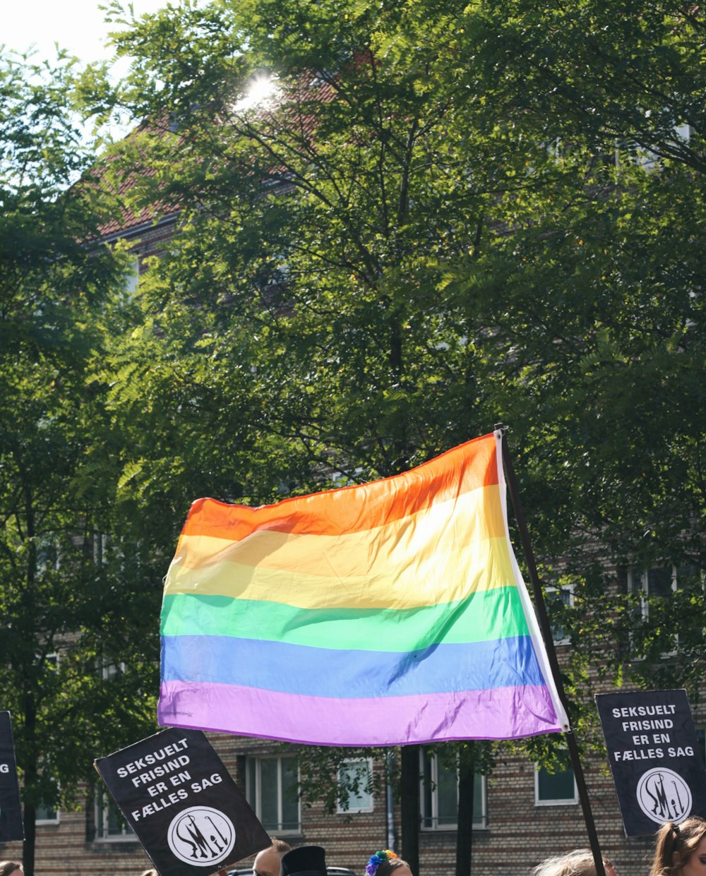 bandeira do arco-íris no mastro perto das árvores durante o dia