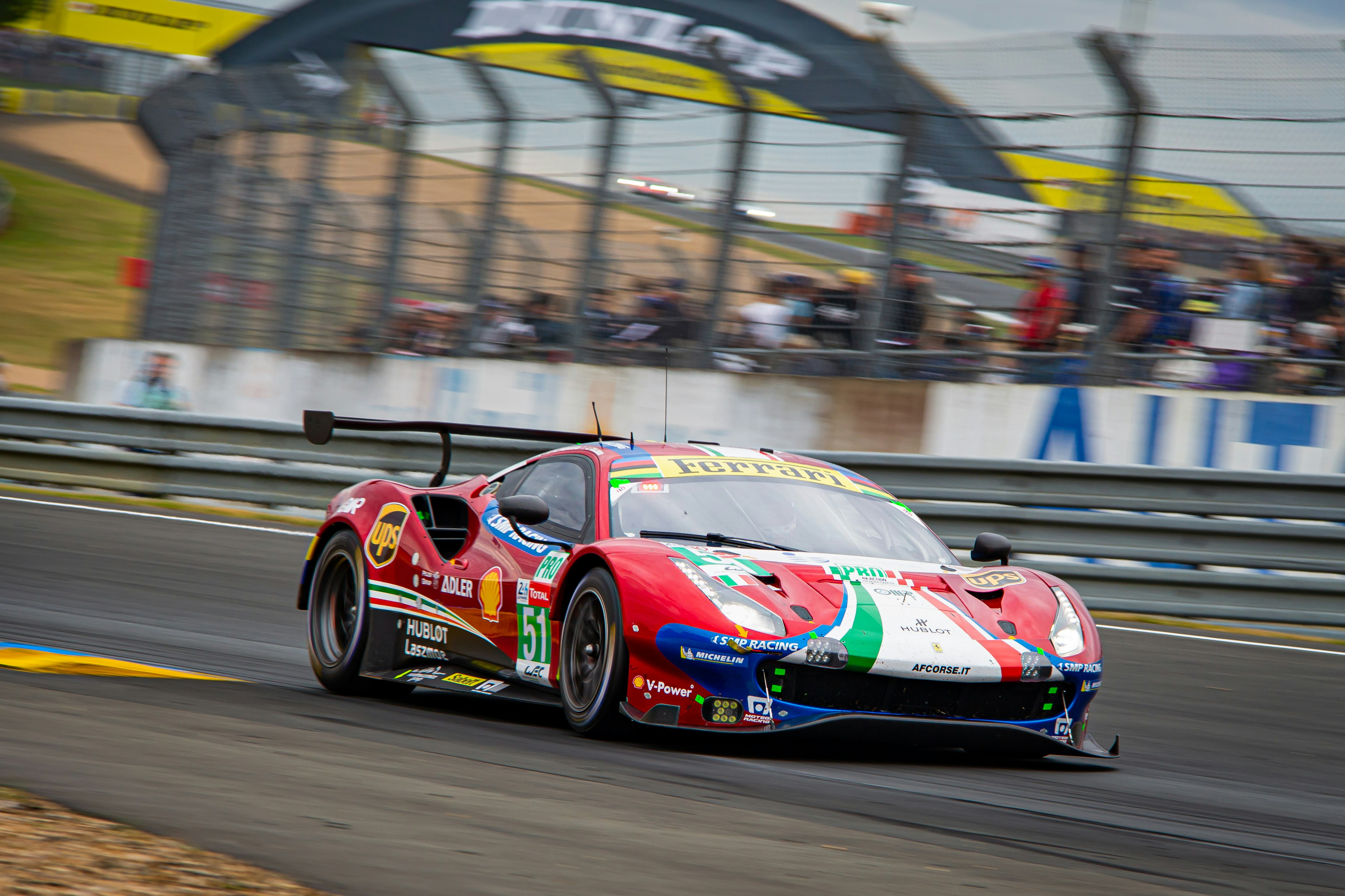 Ferrari 488 GTE #51 of AF Corse - 24 hrs Le Mans class winner. Going passed the Dunlop bridge during the 24 hours of Le Mans 2019. The drivers were Alessandro Pier Guidi, James Calado and Daniel Serra