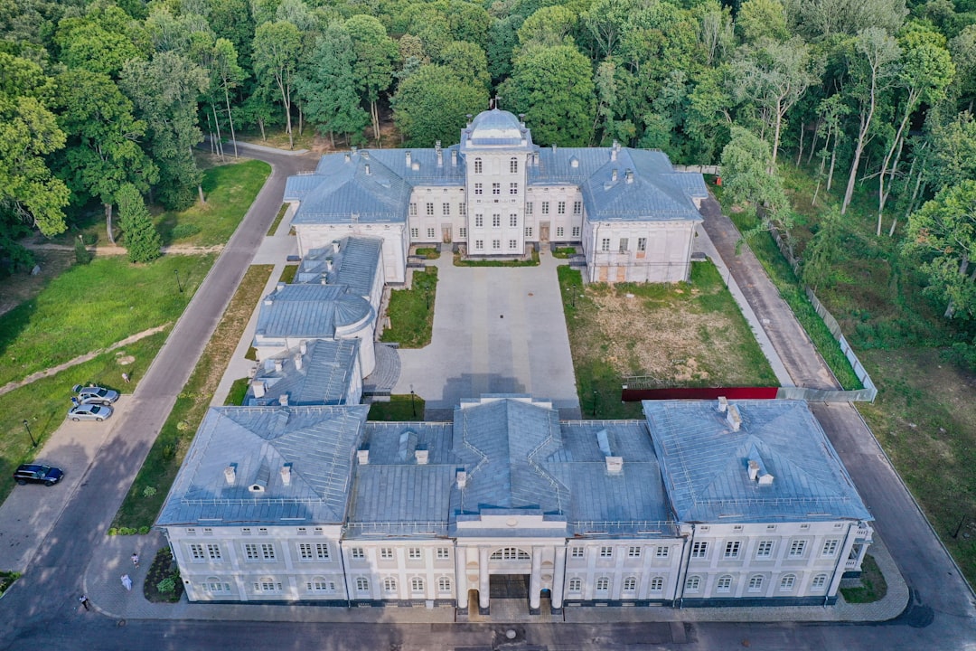 aerial view of white and blue building