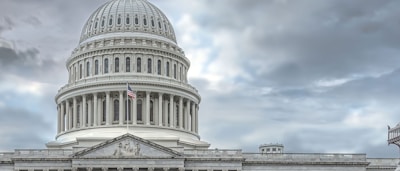 A grand architectural dome with intricate details is visible against a backdrop of a cloudy sky. An American flag is prominently displayed in front of the structure. Classic columns support the structure, adding to its majestic appearance.