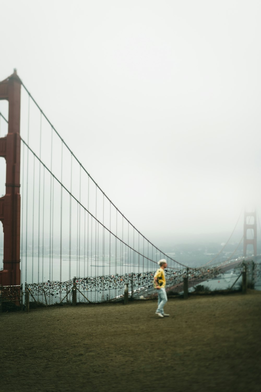 woman in white jacket standing on brown field near bridge during daytime