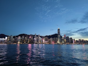 A vibrant cityscape featuring modern buildings and neon lights at dusk.