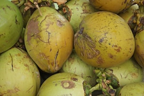 A close-up view of several coconuts with rough, textured surfaces. The coconuts vary in color from green to yellowish-brown, with some having patches and blemishes. They are grouped together, showing their natural, organic form.