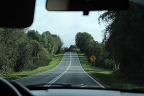 gray concrete road between green trees during daytime