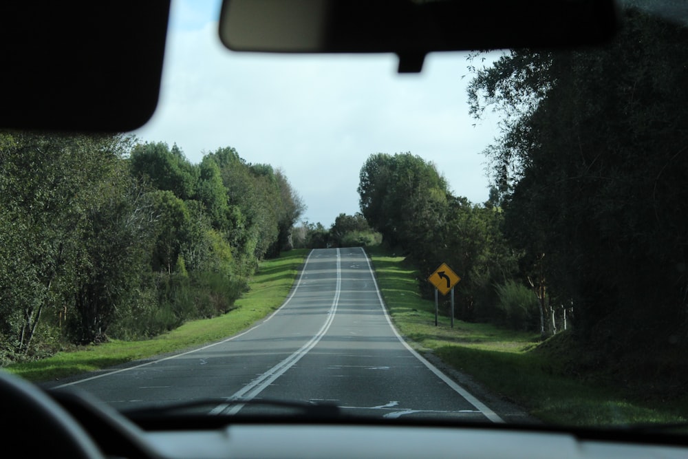 gray concrete road between green trees during daytime