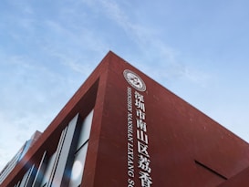 A red brick building with large white lettering in both Chinese and English, featuring the words 'Shenzhen Nanshan Laixiang'. A logo appears on the top portion of the wall. The sky is clear and blue, providing a contrast to the building's vibrant color.