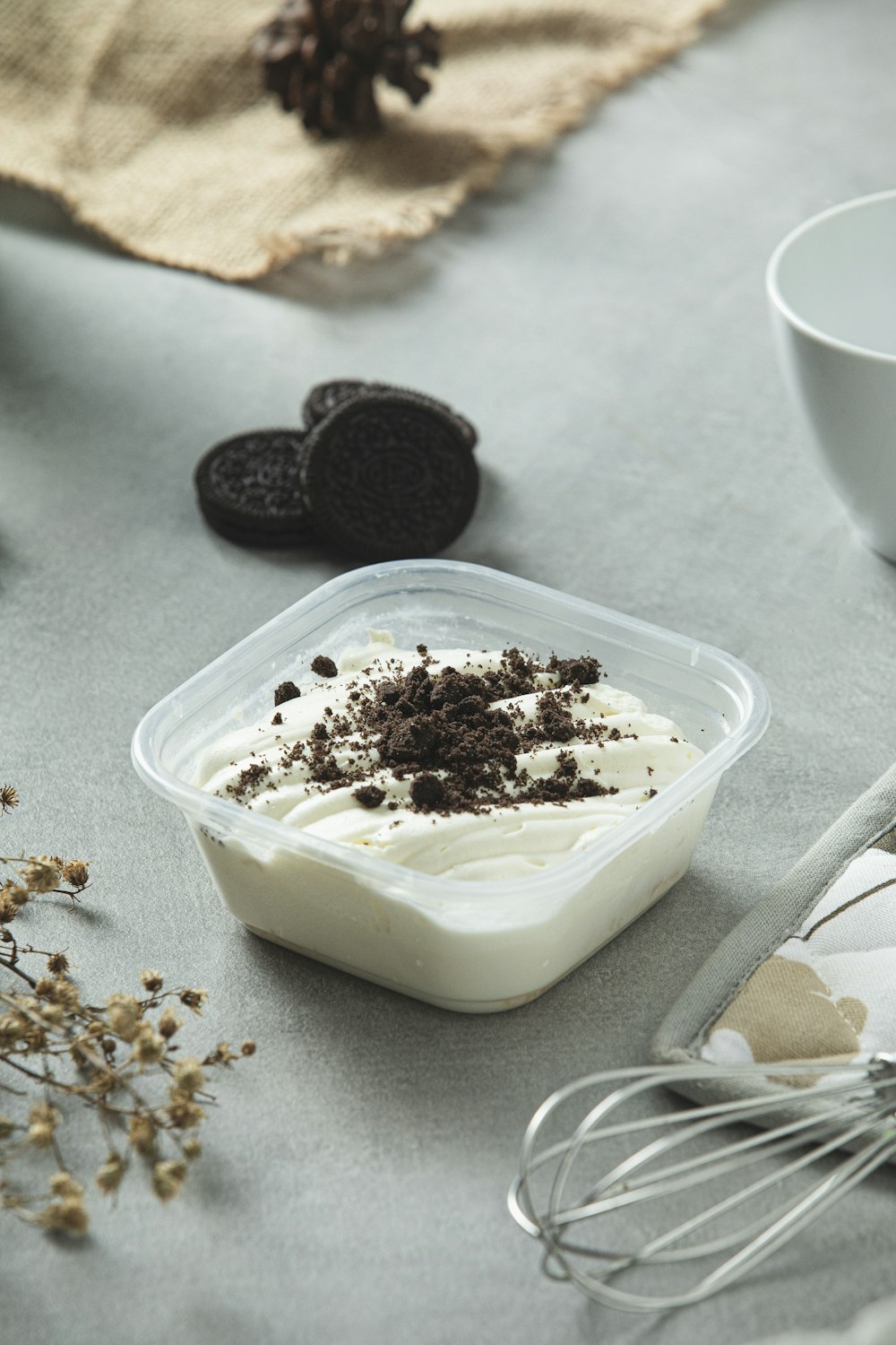 white ice cream in clear glass container