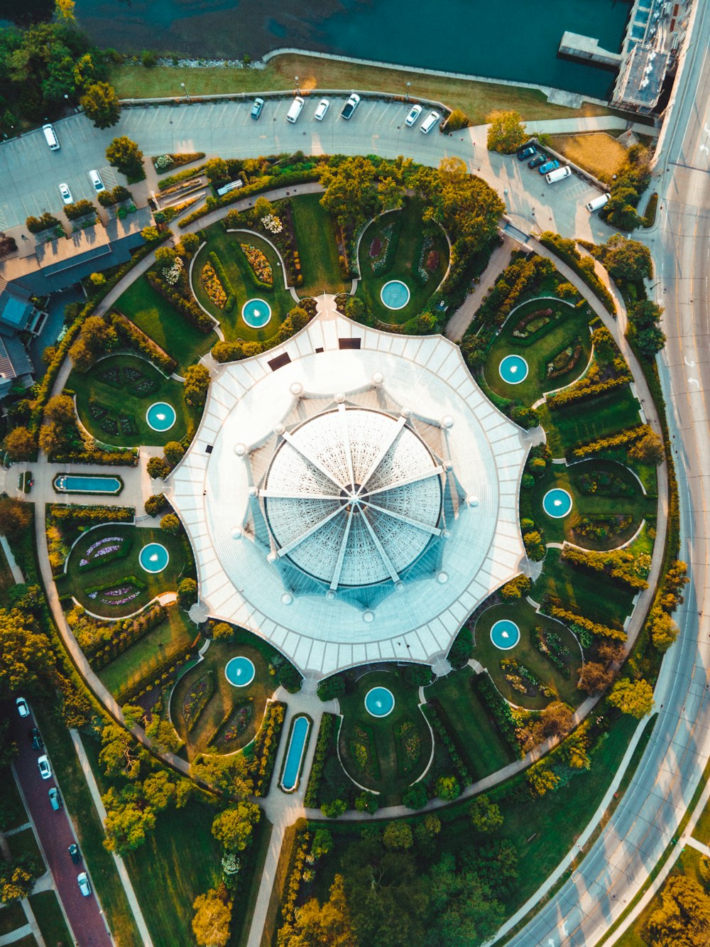 aerial view of green and brown building