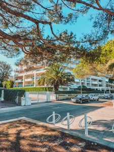 A modern residential building surrounded by lush greenery and trees. There are palm trees and neatly trimmed hedges in front of the building. Cars are parked along the street in front of the building, with a bicycle rack in the foreground. The sky is clear and blue, indicating a bright day.