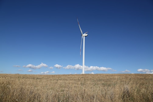 A wind turbine in a field under a blue sky.
