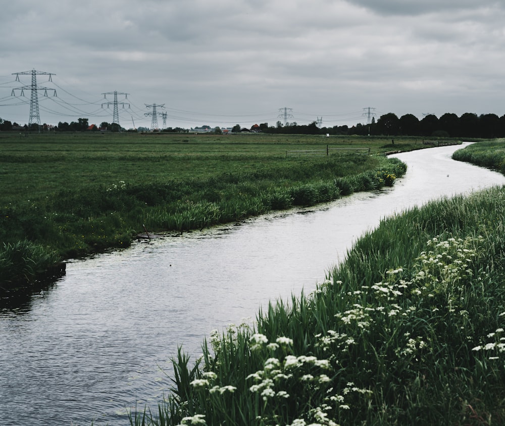 green grass field near river under cloudy sky during daytime