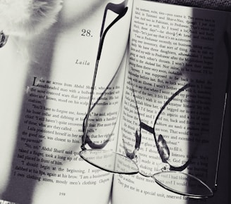 An open book displaying text on two pages with a pair of reading glasses resting on top. The shadows of the glasses are cast onto the pages, creating an artistic effect. The book appears to be a novel, and part of the page number and chapter title are visible.