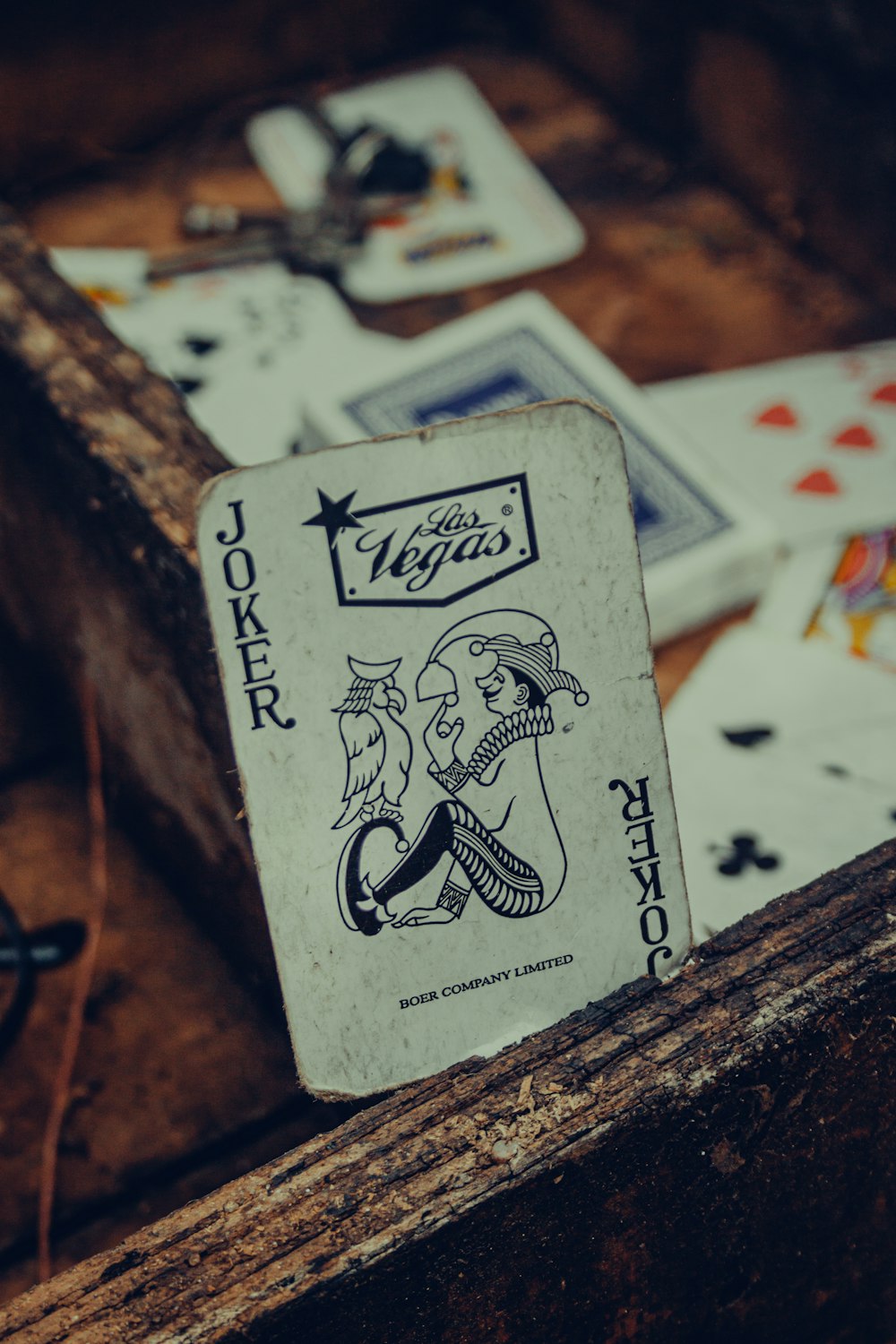 joker playing card on brown wooden table