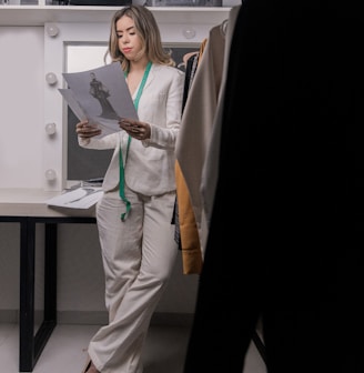 woman in white blazer and white pants standing beside white table