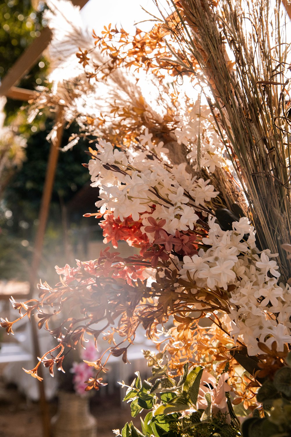 white and red flowers in tilt shift lens