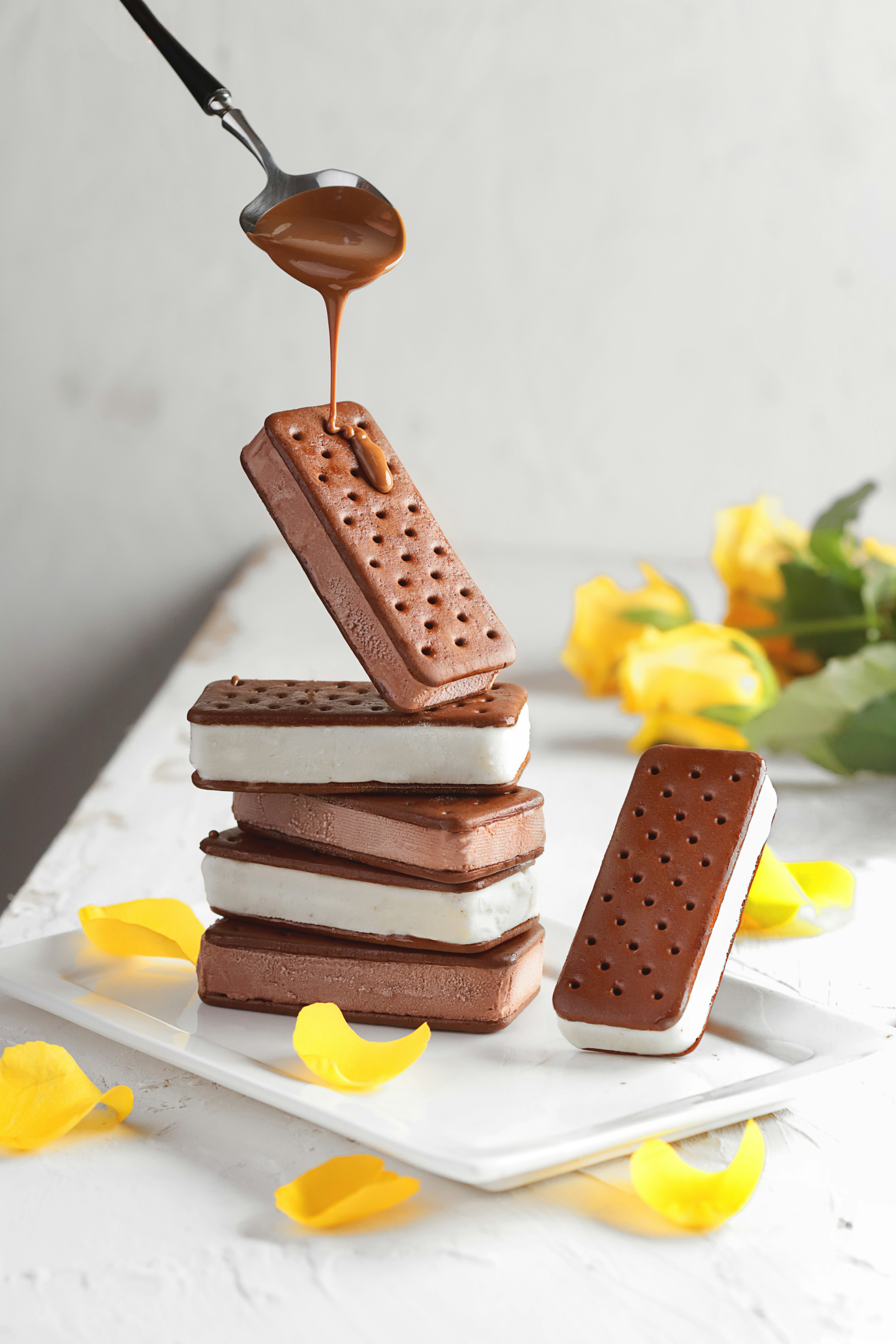 brown and white cake on white ceramic plate