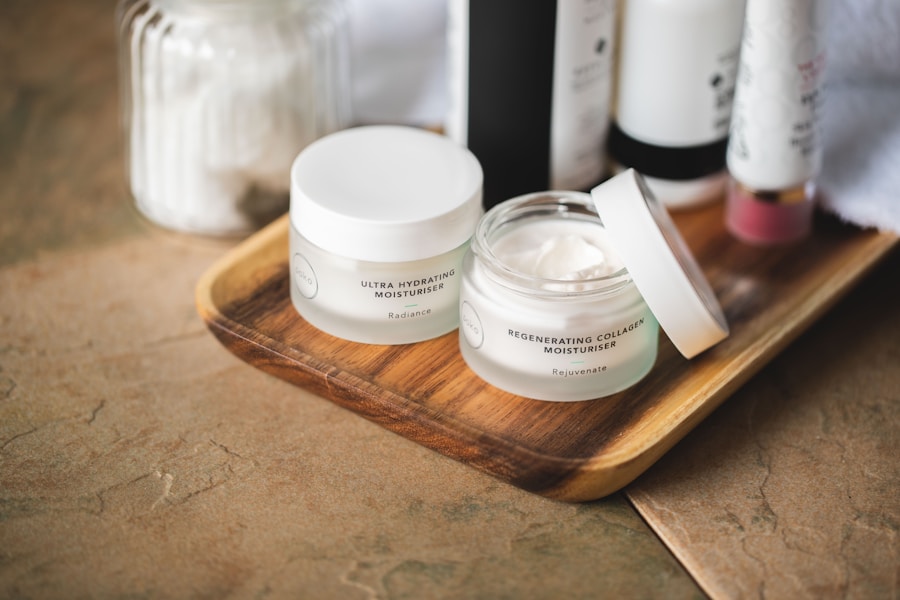 Two frosted glass after-sun recovery balm jars on a wooden tray