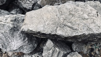 A collection of large gray stones with rough, textured surfaces and irregular shapes. The stones appear stacked or scattered, creating a natural and rugged composition.