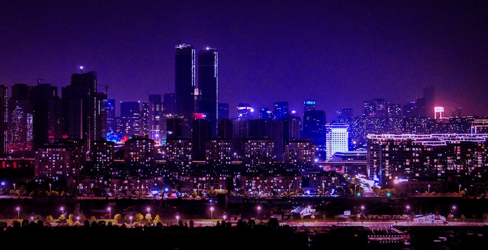 city skyline during night time